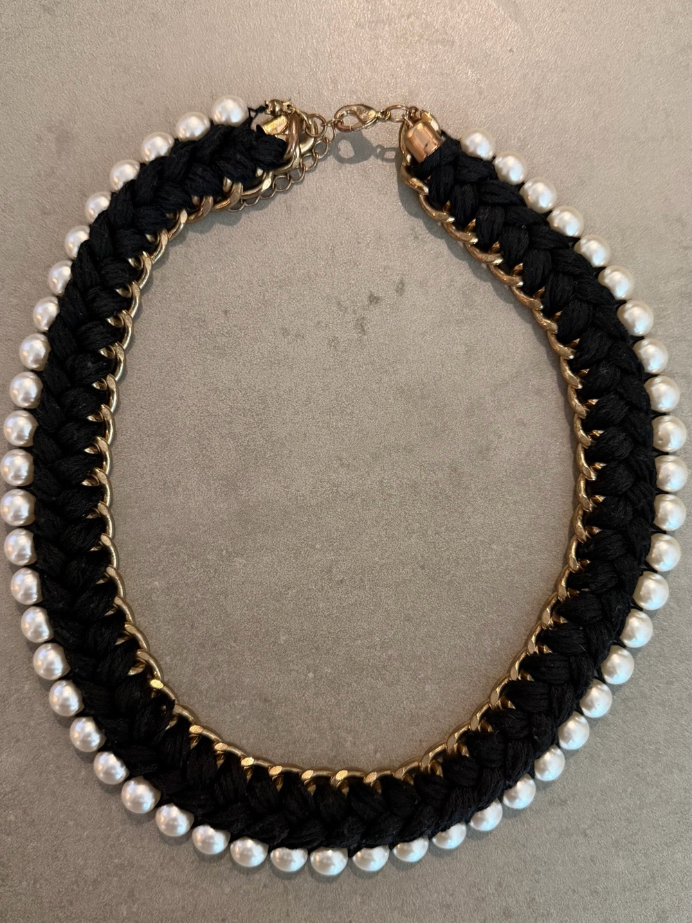 Black Crochet Braided Pearl-Trim Necklace with Gold Chain Accents